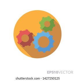 Interlinked gears flat design round icon. Color symbol of cogwheels and interaction. Long shadow vector illustration in a circle isolated on white background.
