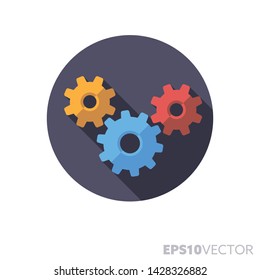 Interlinked gears flat design round icon. Color symbol of cogwheels and interaction. Long shadow vector illustration in a circle isolated on white background.
