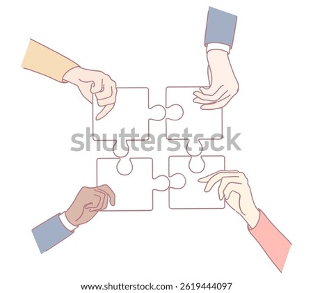 Interlinked hands holding colorful puzzle pieces symbolize the core elements of teamwork and collaboration
