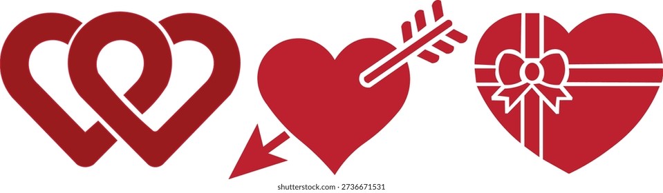 Interlinked Hearts, Heart Pierced by Arrow, and Heart-Shaped Gift Box with Ribbon for Love, Romance, Valentine's Day, Emotional Connection, and Romantic Gifts Design