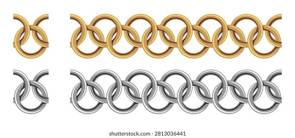 Interlocked Circle Ring Chain Seamless Pattern Frame Border Gold and Silver Color Vector Illustration
