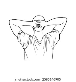 interlocked fingers of a man on the back of his head, view from the back - line art