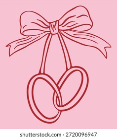 Interlocked hand drawn two wedding rings. Coquette whimsical bow ribbon sketch doodle vector illustration.Love Valentines day concept. Vintage invitation, bachelorette, engagement party design element 