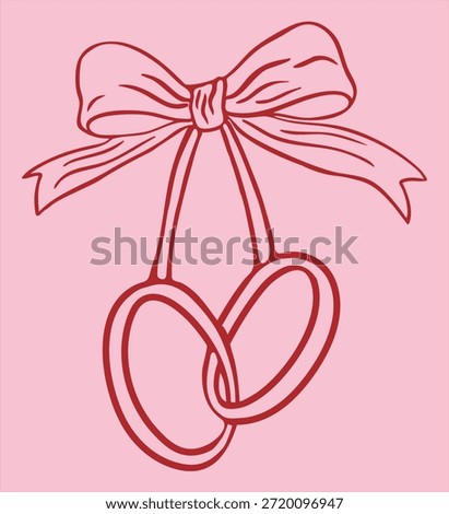Interlocked hand drawn two wedding rings. Coquette whimsical bow ribbon sketch doodle vector illustration.Love Valentines day concept. Vintage invitation, bachelorette, engagement party design element 