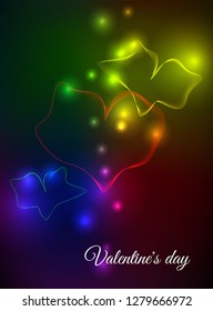 Interlocked neon love hearts on black. Valentine`s Day background.