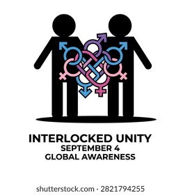 Interlocked Unity Global Awareness Vector Illustration for World Sexual Health Day. Conceptual vector illustration celebrating Interlocked Unity and World Sexual Health Day, September 4. Features two human silhouettes connected by a complex knot of interwoven male (Mars), female (Venus), and gender fluid symbols in vibrant colours. Ideal for sexual health education, LGBTQ+ and gender diversity awareness campaigns, human rights banners, relationship counseling materials, and social equality posters.