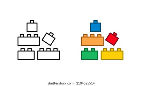 Bloque de ladrillo entrelazado cubos de juguete bebé colección especial de iconos de juguete. Conjunto de iconos de productos infantiles coloridos y lineales. Icono plano coloreado del elemento de diseño y símbolo lineal. Conjunto de iconos lineales modificables.