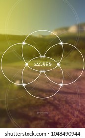 Interlocking circles flower of life sacred geometry illustration with golden ratio digits and copy space in front of photographic background.