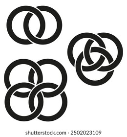Symbole für ineinandergreifende Kreise. Drei verschiedene Designs. Einfaches Schwarz-Weiß-Design. Geometrische Vektorgrafik.