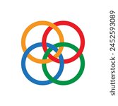 Interlocking circles in primary colors. Unity concept with colorful rings. Overlapping geometric shapes. Vector illustration. EPS 10.