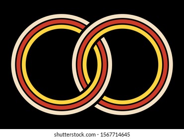 Interlocking circles, rings contour, isolated on black background. Circles, rings concept icon. Three line circles. Vector color illustration.