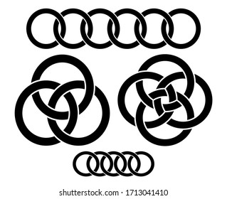 Interlocking circles set. Abstract interlace geometric circle element. Black and white ethnic element Vector.