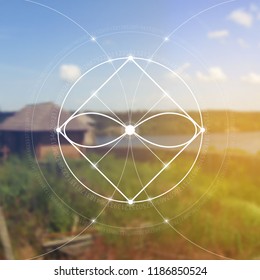 Interlocking circles,  squares and eternity sign hipster sacred geometry illustration with golden ratio digits and light dots in front of photographic background.