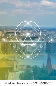 Interlocking circles, triangles and diamonds hipster sacred geometry illustration with golden ratio digits and light dots in front of photographic background.