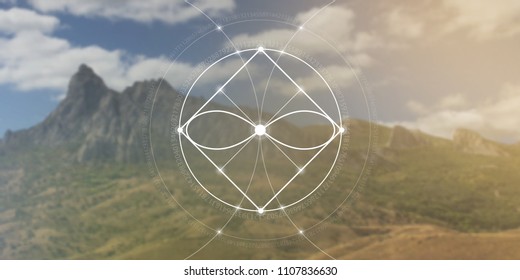 Interlocking circles, triangles and eternity sign hipster sacred geometry illustration with golden ratio digits and light dots in front of photographic background.