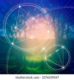 Interlocking circles and triangles hipster sacred geometry illustration with golden ratio digits in front of photographic background.