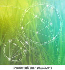 Interlocking circles and triangles hipster sacred geometry illustration with golden ratio digits in front of photographic background.