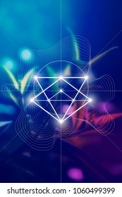 Interlocking circles and triangles sacred geometry illustration with golden ratio digits in front of photographic background.