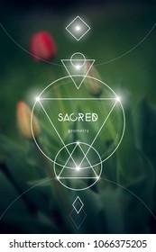 Interlocking circles and triangles sacred geometry illustration with golden ratio digits in front of photographic background.