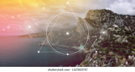 Interlocking circles, triangles and spirals hipster sacred geometry illustration with golden ratio digits and light dots in front of photographic background.