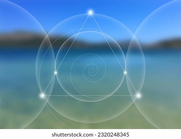 Interlocking circles, triangles and spirals hipster sacred geometry illustration with golden ratio, fibonacci spiral. Vector isolated on blue sea landscape background.