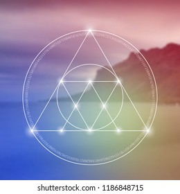 Interlocking circles, triangles and squares hipster sacred geometry illustration with golden ratio digits and light dots in front of photographic background.