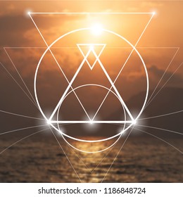 Interlocking circles, triangles and squares hipster sacred geometry illustration with light dots in front of photographic background.