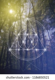 Interlocking circles, triangles and squares hipster sacred geometry illustration with golden ratio digits and light dots in front of photographic background.