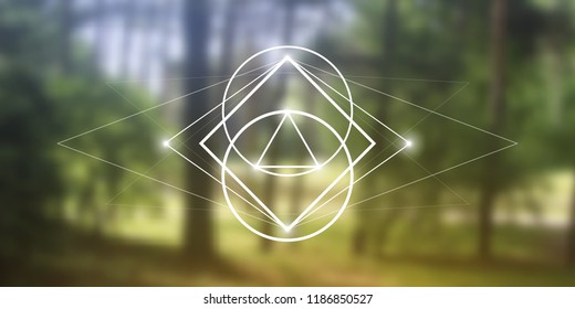 Interlocking circles, triangles and squares hipster sacred geometry illustration with light dots in front of photographic background.