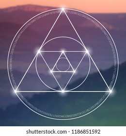 Interlocking circles, triangles and squares hipster sacred geometry illustration with golden ratio digits and light dots in front of photographic background.