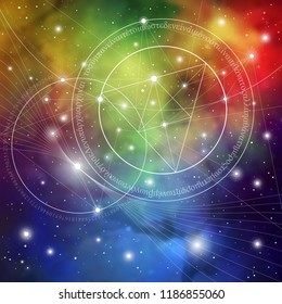 Interlocking circles, triangles and squares hipster sacred geometry illustration with golden ratio digits and light dots in front of outer space background.