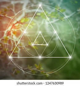 Interlocking circles, triangles and squares hipster sacred geometry illustration with light dots in front of photographic background.