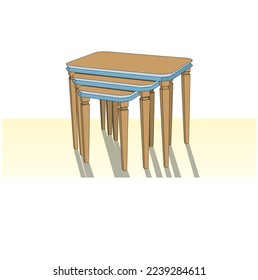 Zusammenstellbare Kaffeetische. Holz und Blau dominieren. Möbel. Vektorgrafik.