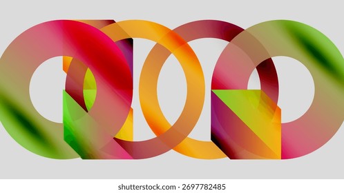 Interlocking colorful rings create abstract design. Gradient shades blend, forming dynamic visual composition. Simple shapes, modern aesthetic.