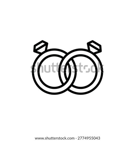 Interlocking diamond rings, bold black outline icon representing wedding bands, marriage, engagement, couple union, eternal love, or commitment symbol.