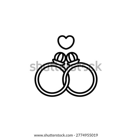 Interlocking diamond rings with heart above, black outline icon representing wedding, engagement, couple love, marriage union, romance, or eternal commitment.