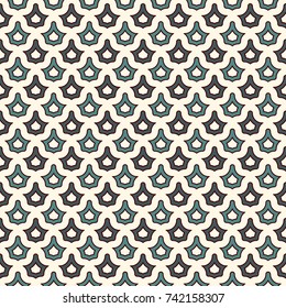 Interlocking figures tessellation abstract background. Repeated geometric shapes. Ethnic mosaic tiles ornament. Oriental wallpaper. Seamless surface pattern design with crowns motifs. Vector art.
