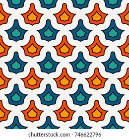 Interlocking figures tessellation abstract background. Repeated geometric shapes. Ethnic mosaic tiles ornament. Oriental wallpaper. Seamless surface pattern design with crowns motifs. Vector art.