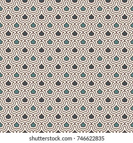 Interlocking figures tessellation abstract background. Repeated geometric shapes. Ethnic mosaic tiles ornament. Oriental wallpaper. Seamless surface pattern design with crowns motifs. Vector art.