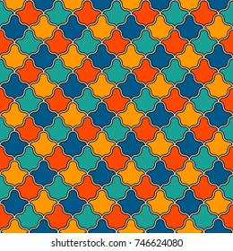 Interlocking figures tessellation abstract background. Repeated geometric shapes. Ethnic mosaic tiles ornament. Oriental wallpaper. Seamless surface pattern design with crowns motifs. Vector art.