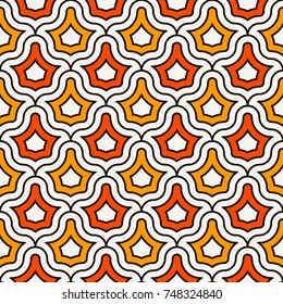 Interlocking figures tessellation abstract background. Repeated geometric shapes. Ethnic mosaic tiles ornament. Oriental wallpaper. Seamless surface pattern design in african style. Vector art.