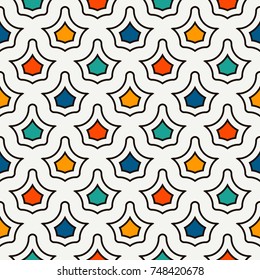 Interlocking figures tessellation abstract background. Repeated geometric shapes. Ethnic mosaic tiles ornament. Oriental wallpaper. Seamless surface pattern design with crowns motifs. Vector art.