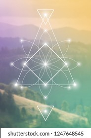 Interlocking futuristic triangles, squares and geometric minimal flower.  Hipster sacred geometry illustration with golden ratio digits and light dots in front of photographic background.