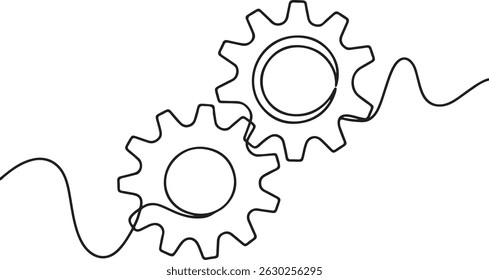Interlocking gear wheels drawn in continuous one line style as a minimalist mechanical vector for industrial engineering design

