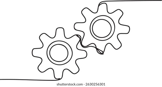 Interlocking gear wheels drawn in continuous one line style as a minimalist mechanical vector for industrial engineering design

