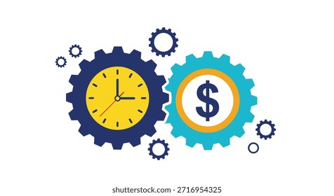 Engrenagens entrelaçadas com um relógio e um símbolo de dólar simbolizando a relação entre tempo e dinheiro em um conceito de eficiência empresarial.