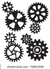 Interlocking gears and cogs design.
Set of four different styles of gears or cogwheels with matching interlocking smaller gears.