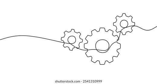 Engrenagens de encravamento. Um desenho contínuo de uma linha simbolizando a cooperação e a continuidade nas operações industriais.