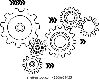 Interlocking gears with directional arrows in a minimalist style. Mechanical cogs and chevrons create a sense of movement and precision. Cartoon vector illustration.