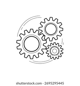 Interlocking gears in motion symbolize innovation and teamwork. The clean, minimalist design on a white background evokes a sense of precision.